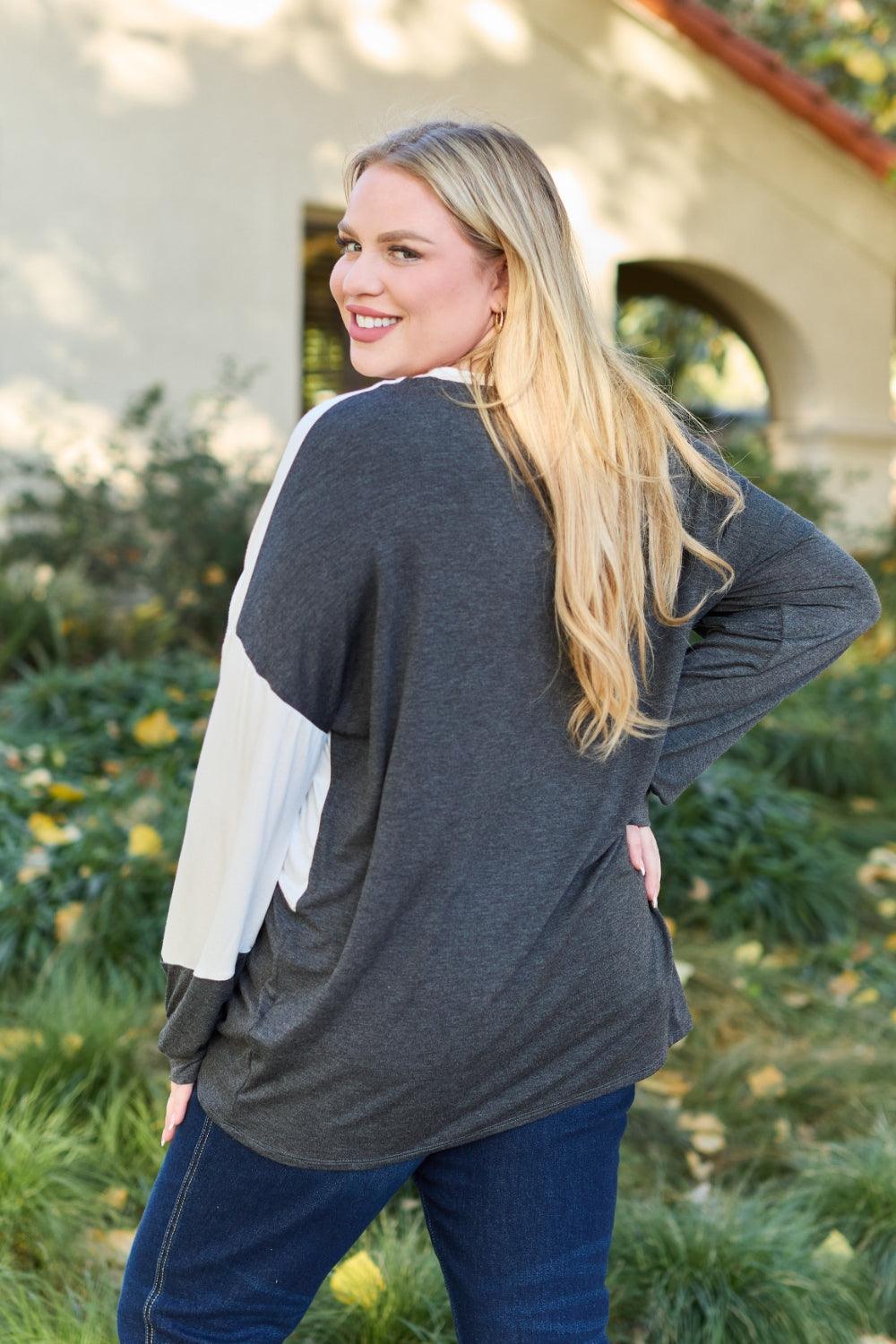 Celeste Design Full Size Contrast Long Sleeve Top - Immenzive