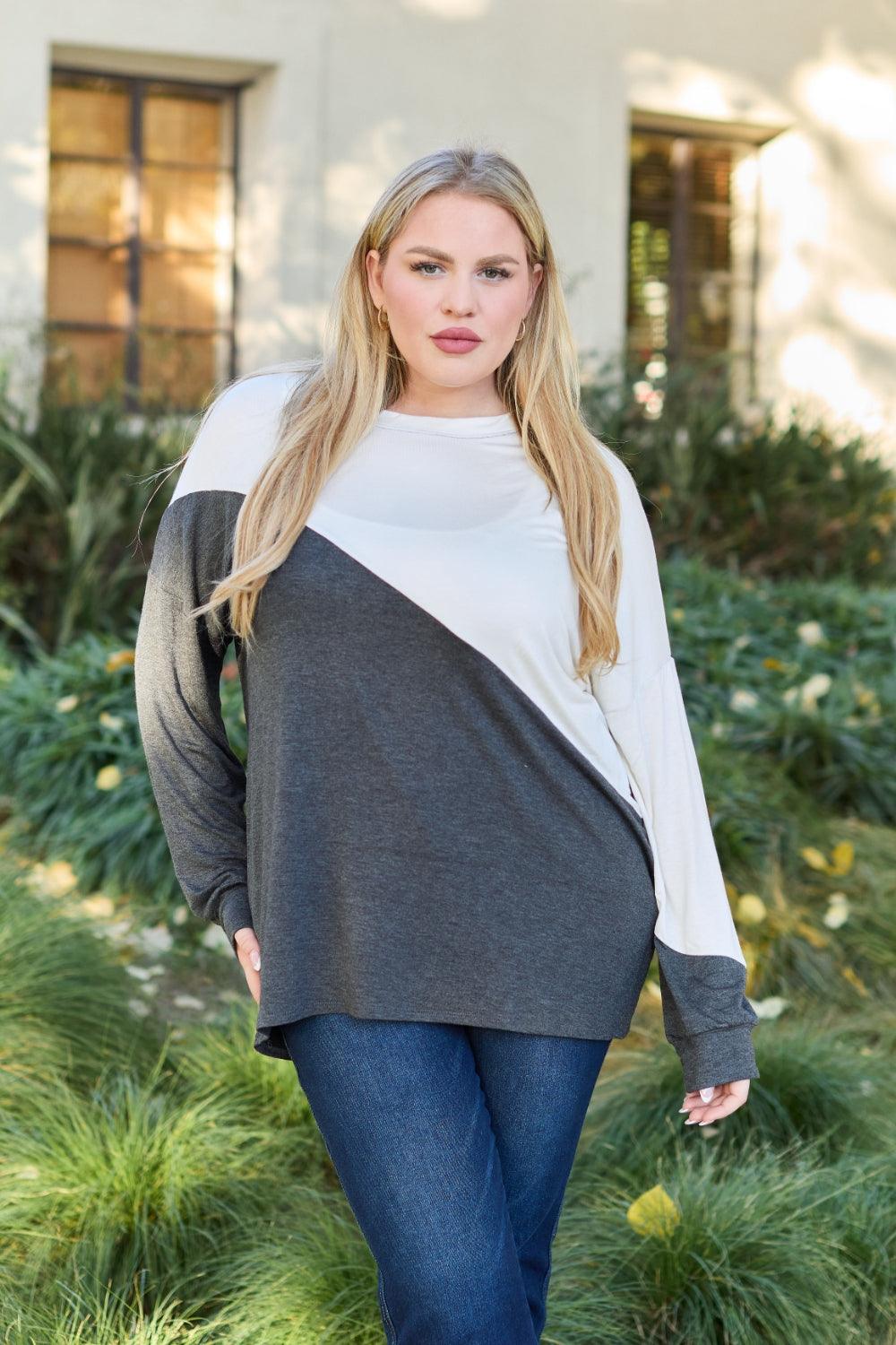 Celeste Design Full Size Contrast Long Sleeve Top - Immenzive