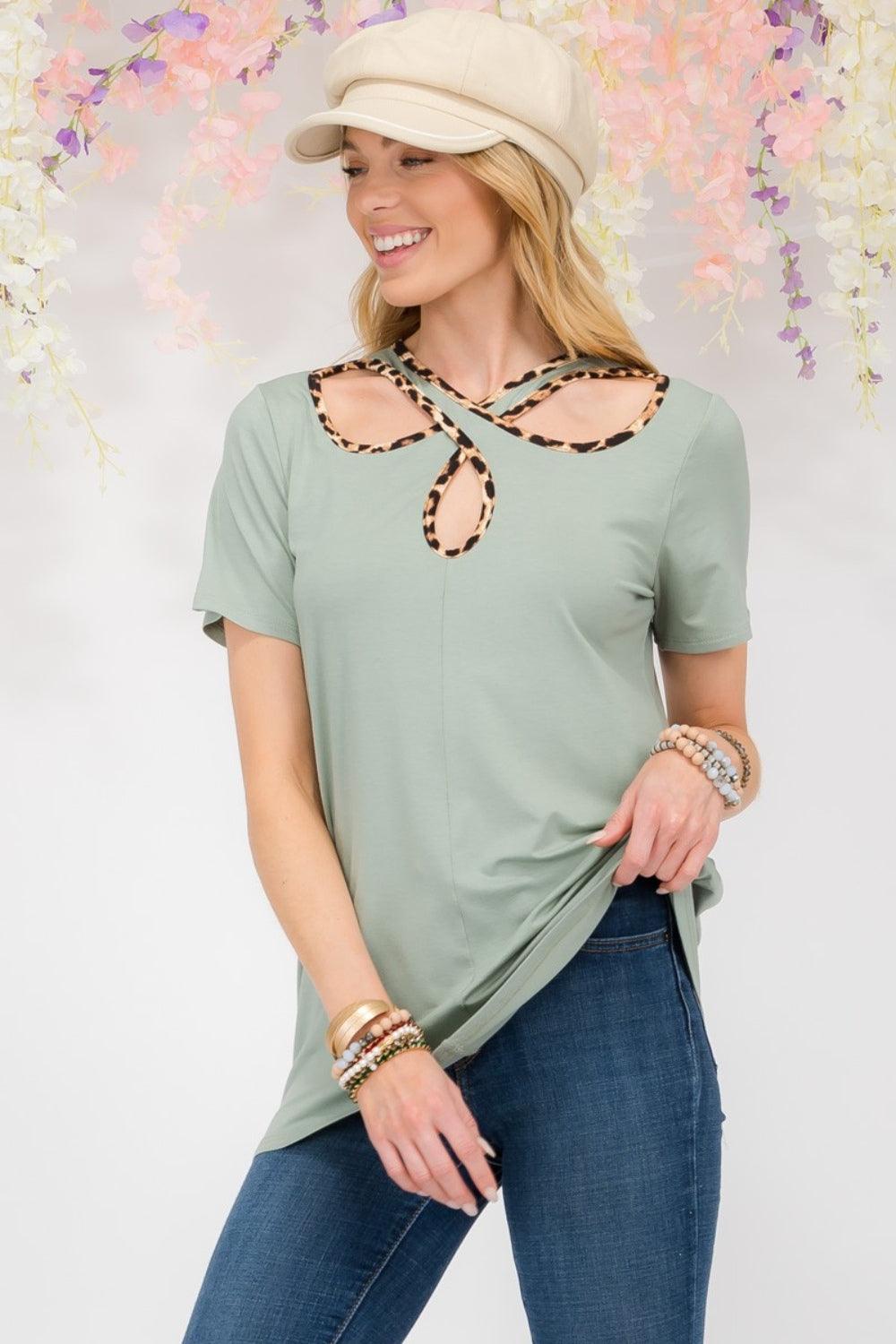 Celeste Full Size Crisscross Cutout Leopard Contrast Trim T-Shirt - Immenzive