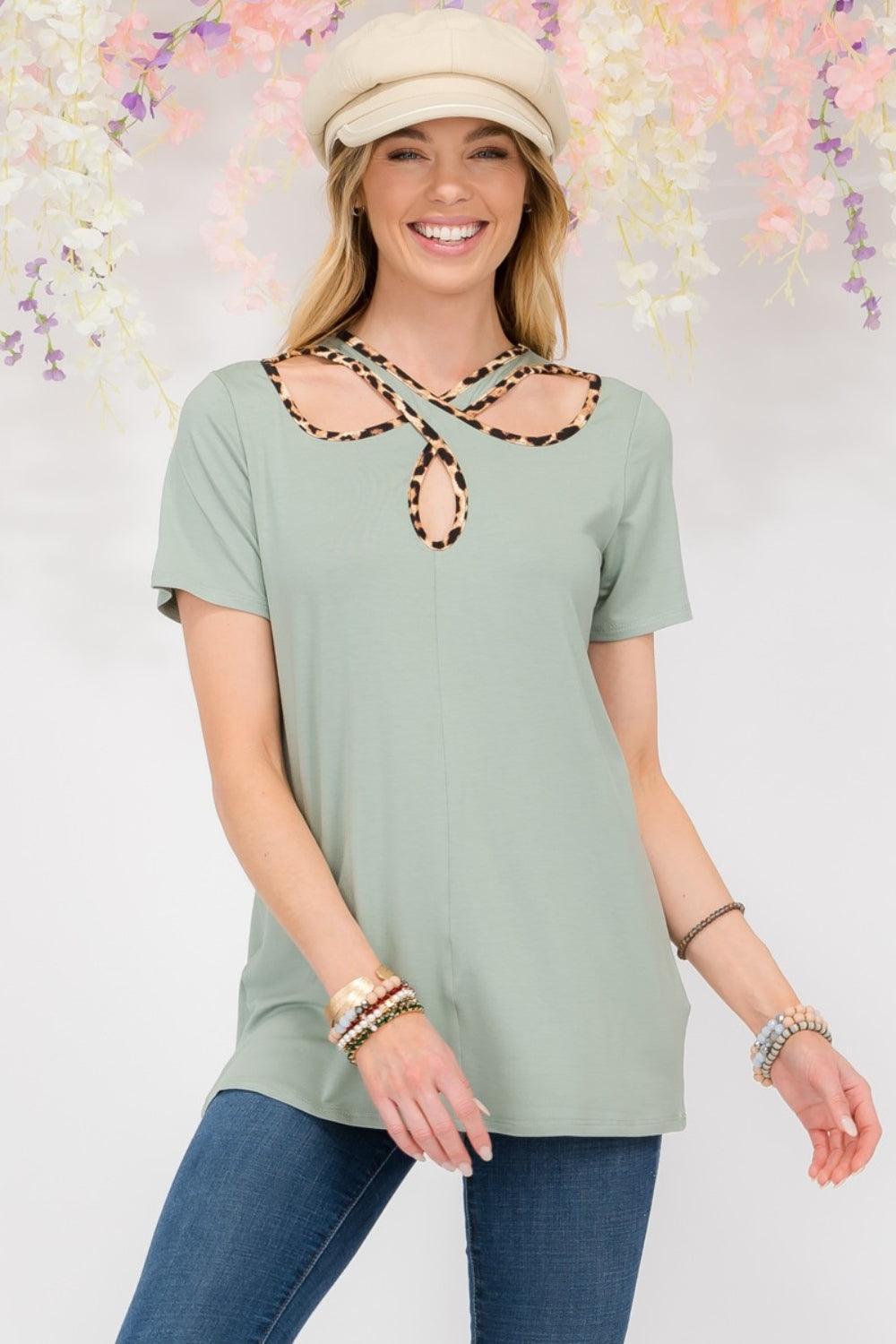 Celeste Full Size Crisscross Cutout Leopard Contrast Trim T-Shirt - Immenzive