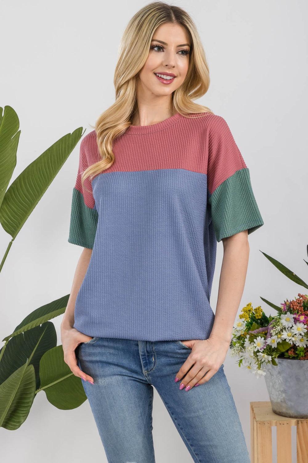 Celeste Full Size Ribbed Color Block T-Shirt - Immenzive