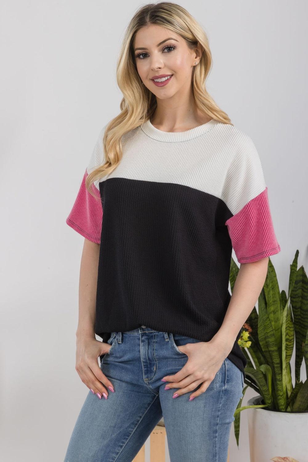 Celeste Full Size Ribbed Color Block T-Shirt - Immenzive