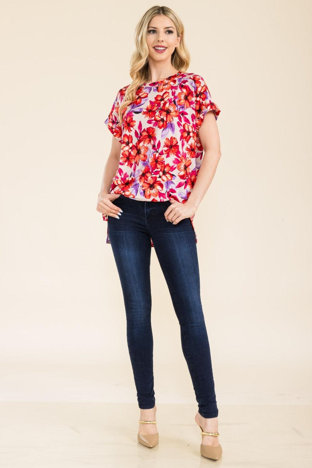 Celeste Full Size Round Neck Short Sleeve Floral T-Shirt - Immenzive