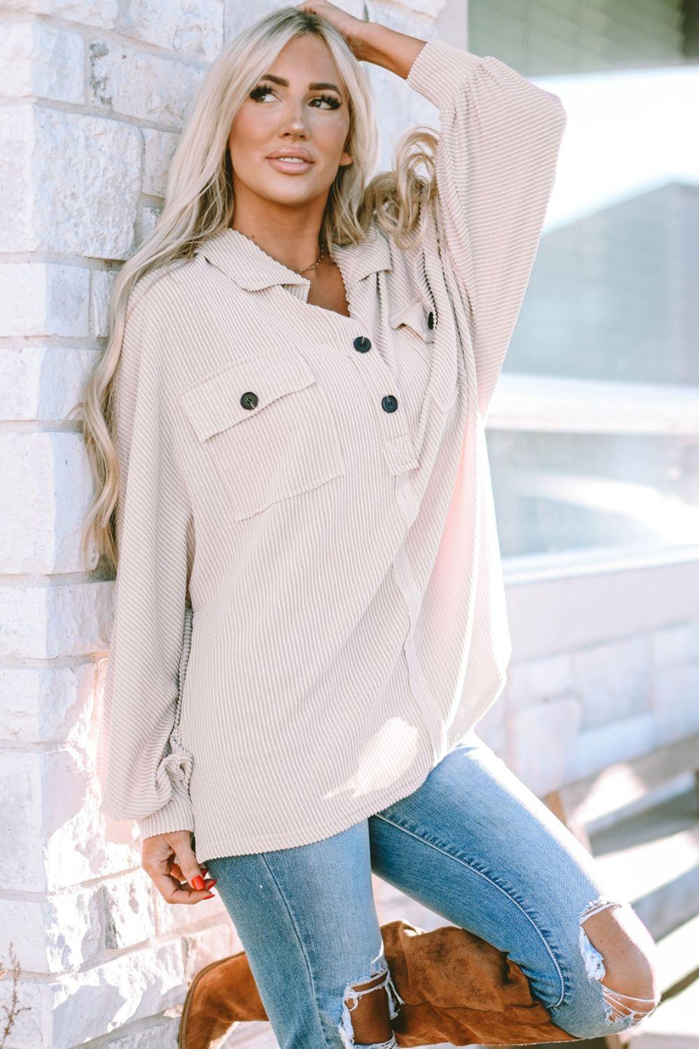 Collared Neck Half Button Long Sleeve Blouse - Immenzive