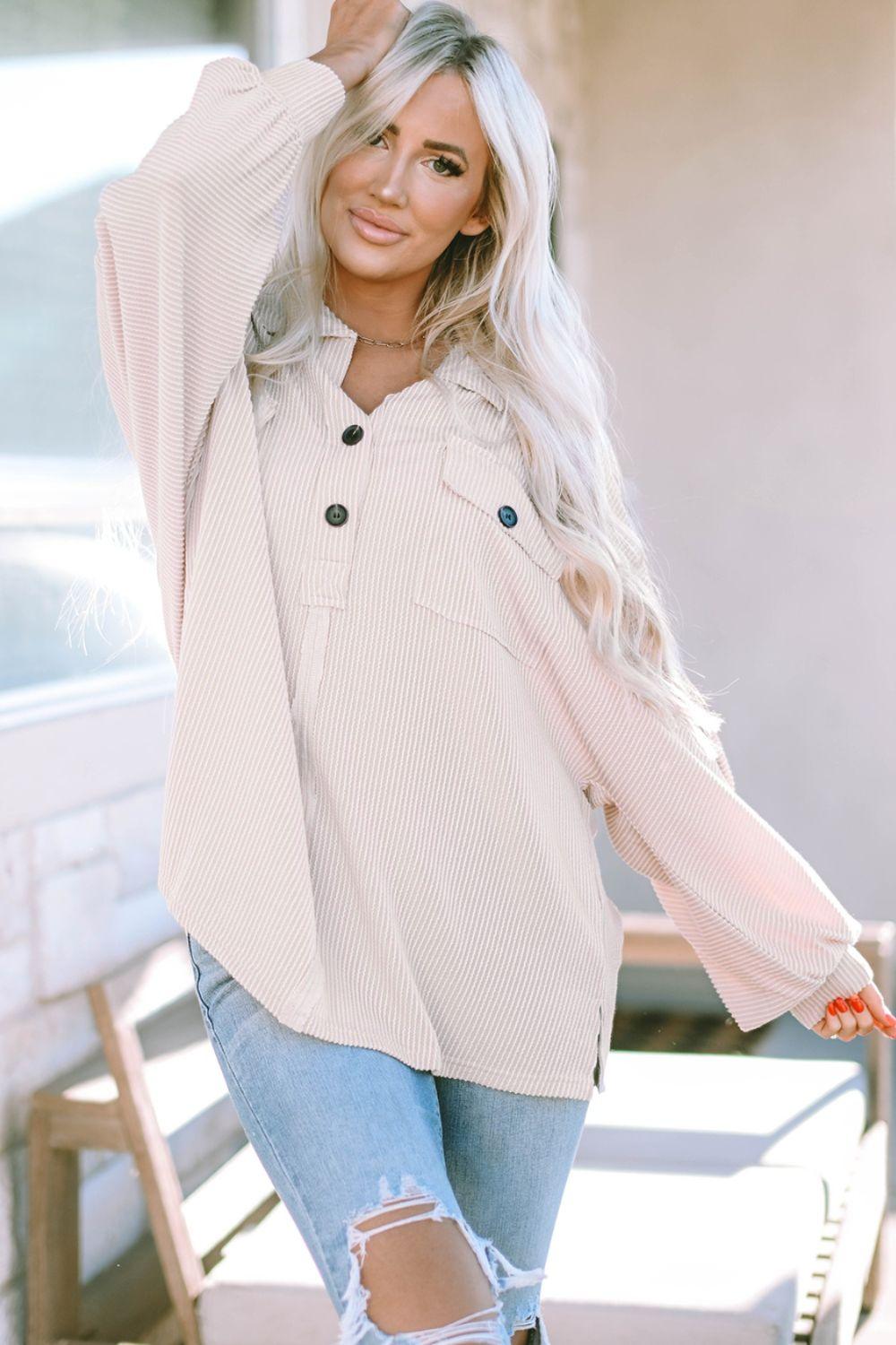 Collared Neck Half Button Long Sleeve Blouse - Immenzive