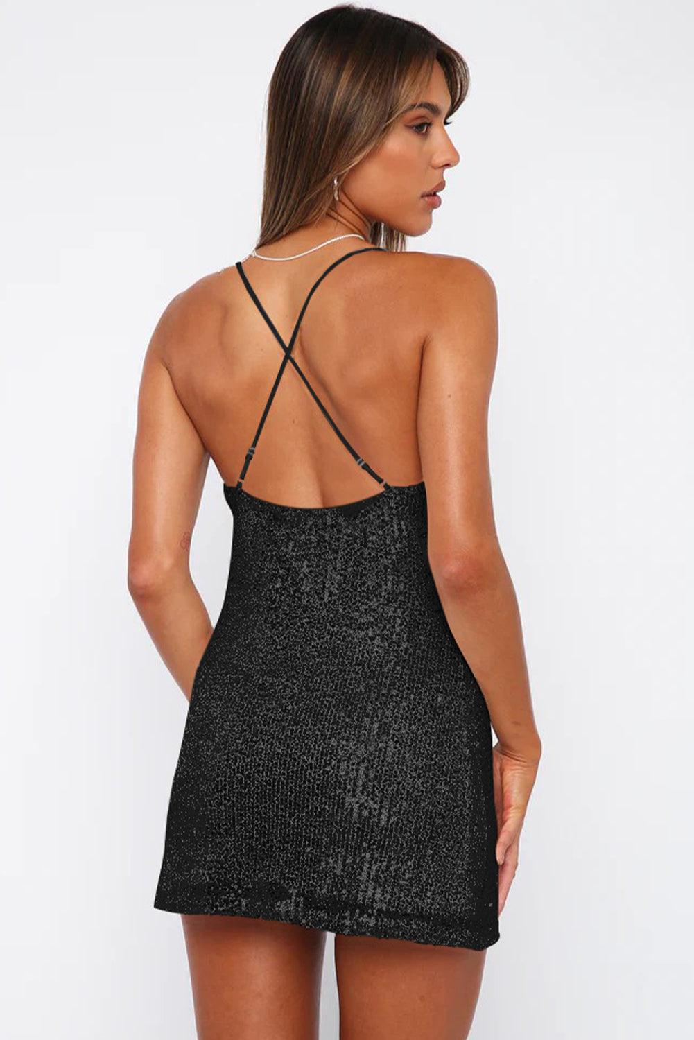 Cowl Neck Contrast Sequin Sleeveless Mini Dress - Immenzive