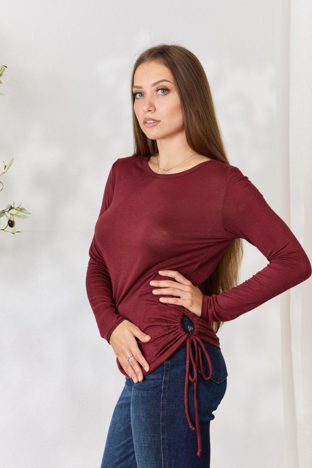 Culture Code Full Size Drawstring Round Neck Long Sleeve Top - Immenzive