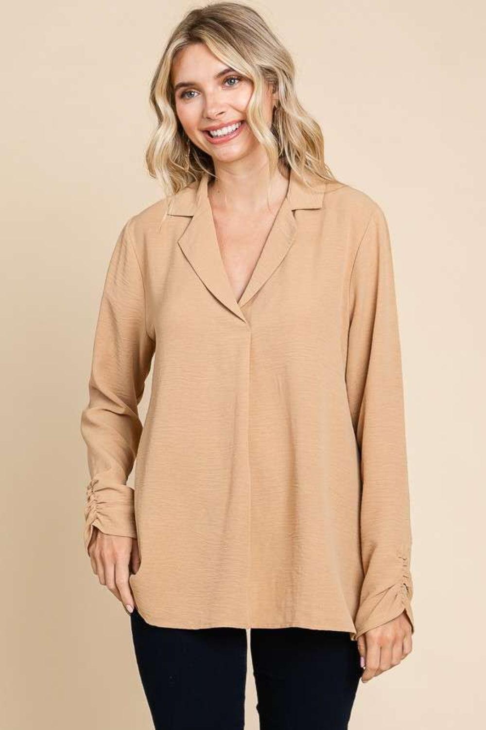 Culture Code Full Size Lapel Collar Ruched Long Sleeve Blouse - Immenzive