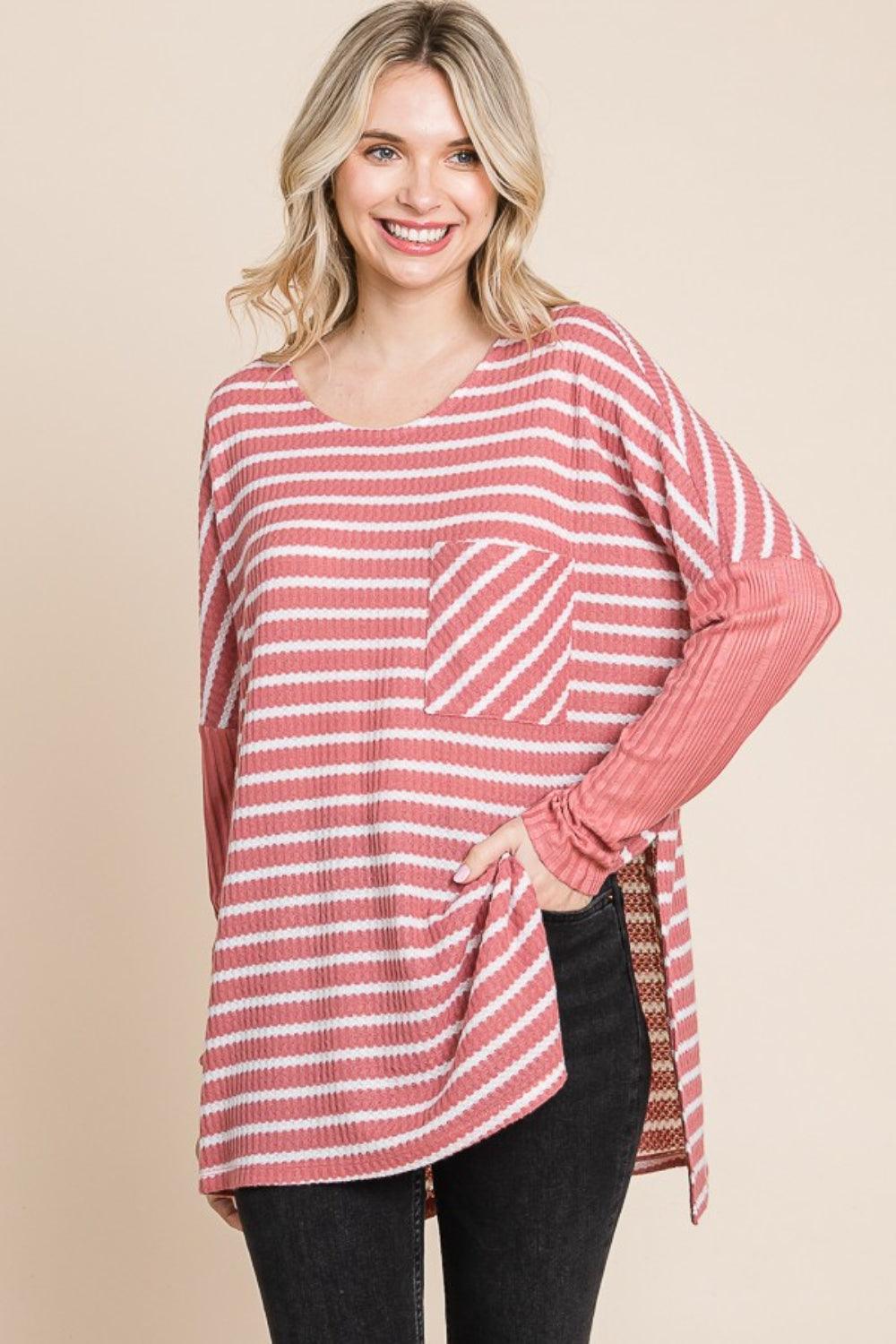 Culture Code Oversize Striped Round Neck Long Sleeve Slit T-Shirt - Immenzive