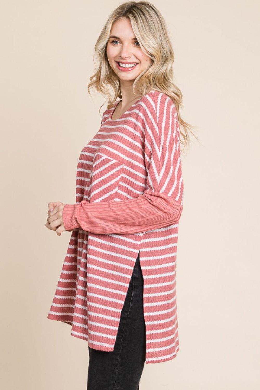 Culture Code Oversize Striped Round Neck Long Sleeve Slit T-Shirt - Immenzive