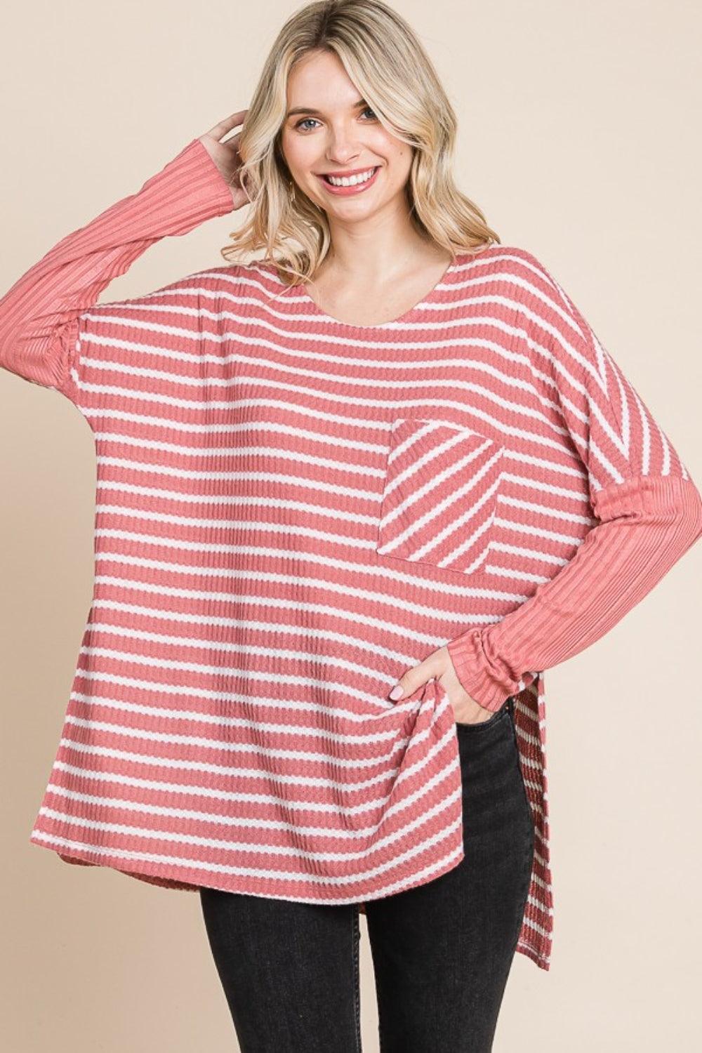 Culture Code Oversize Striped Round Neck Long Sleeve Slit T-Shirt - Immenzive