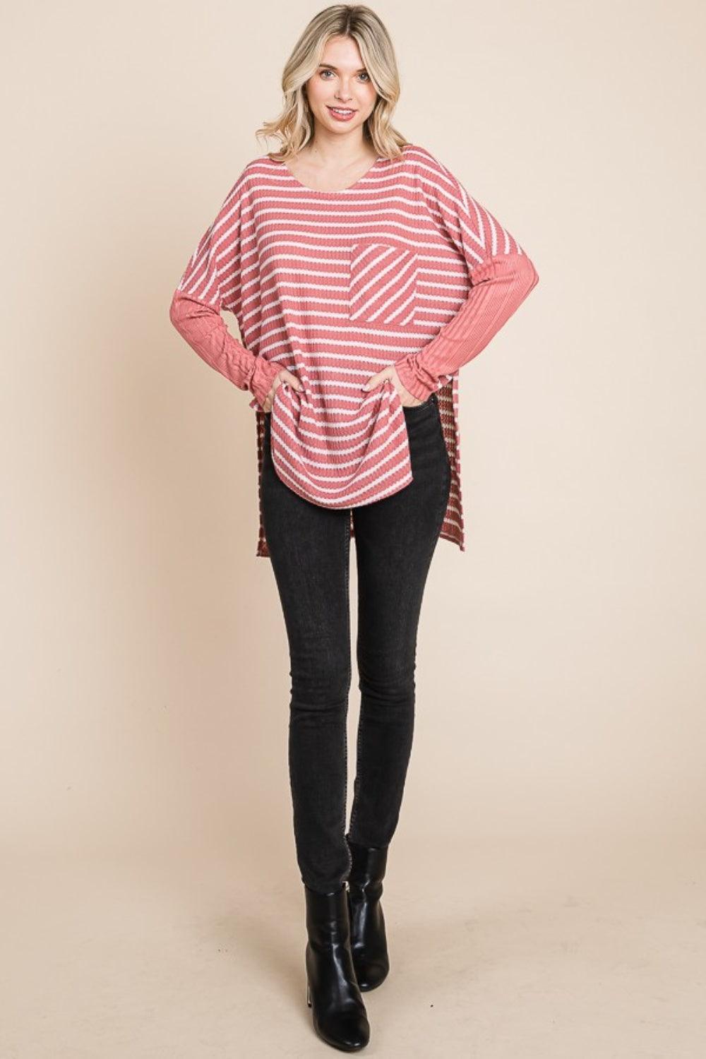 Culture Code Oversize Striped Round Neck Long Sleeve Slit T-Shirt - Immenzive