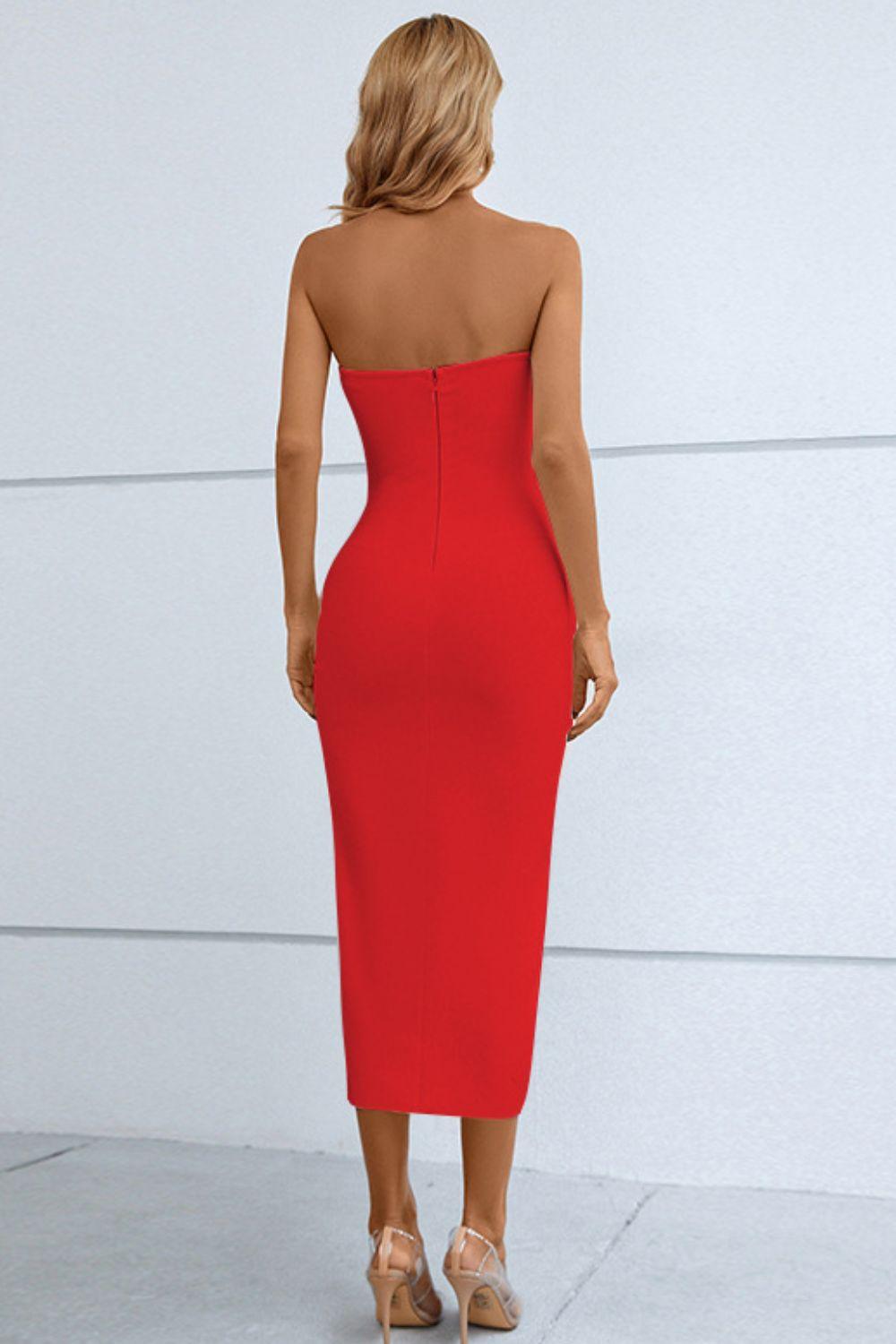 Cutout Strapless Drawstring Detail Split Bandage Dress - Immenzive