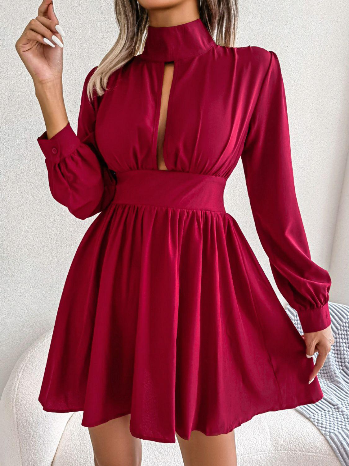 Cutout Turtleneck A-Line Mini Dress - Immenzive