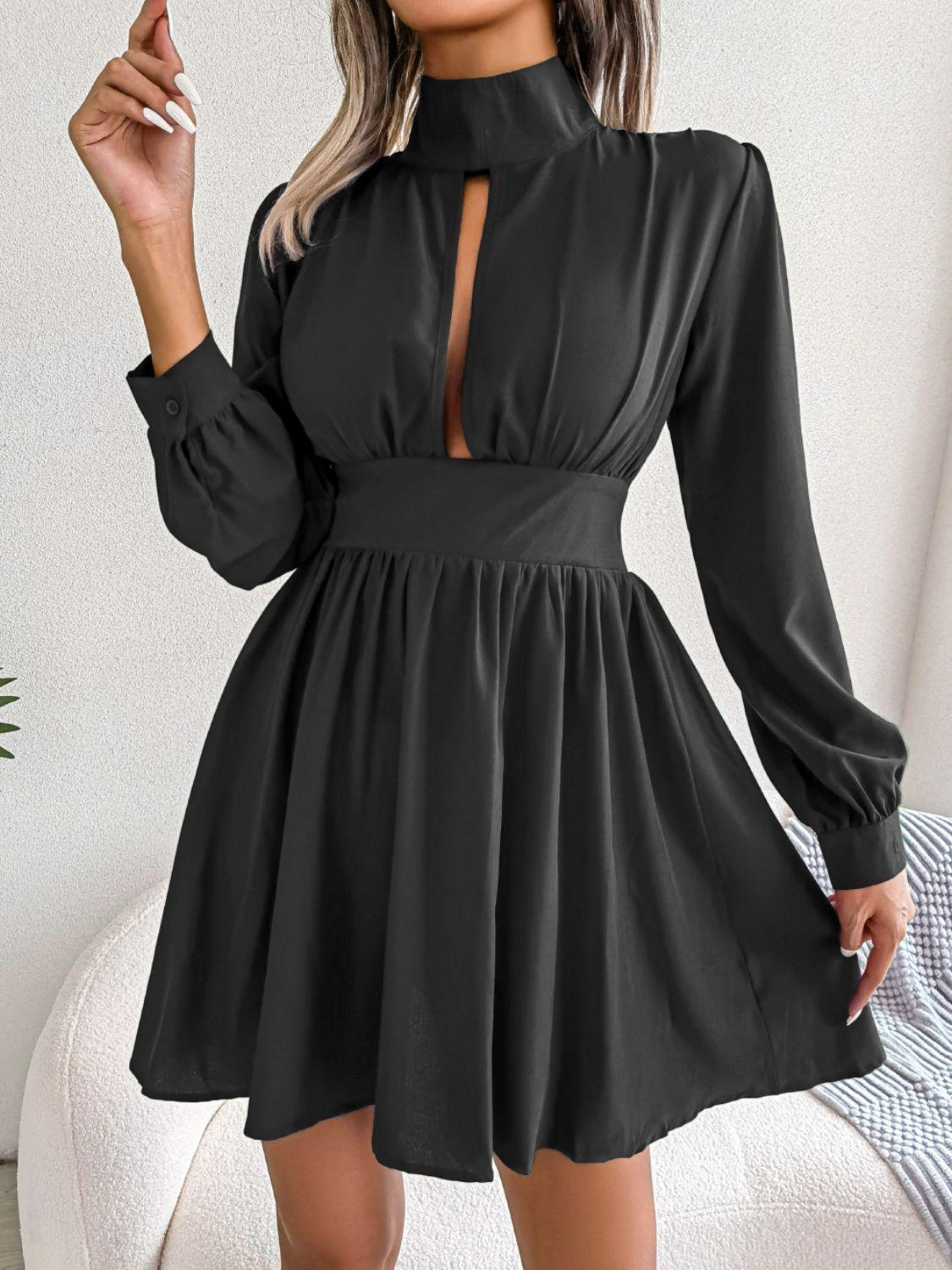 Cutout Turtleneck A-Line Mini Dress - Immenzive