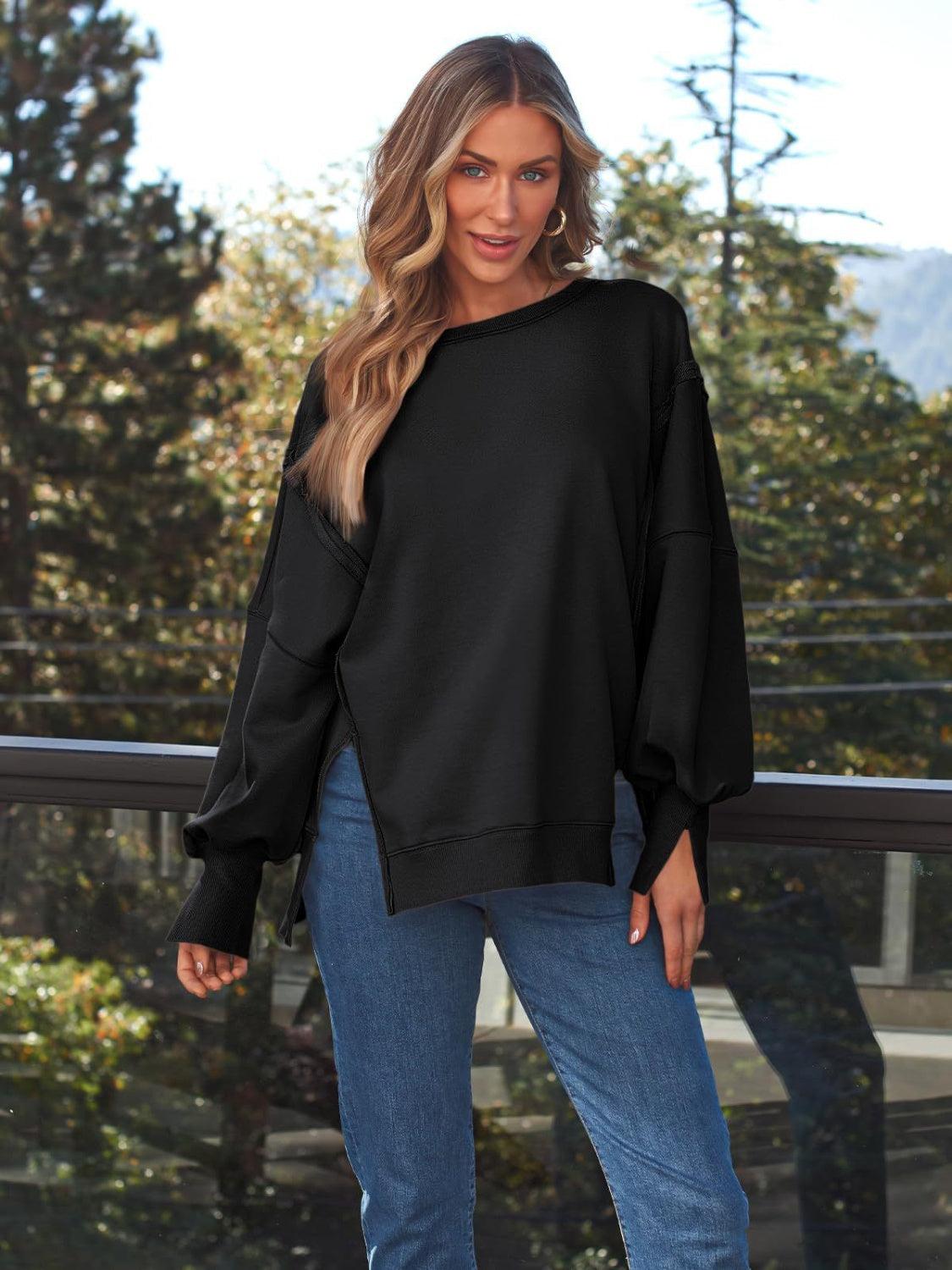 Slit Round Neck Long Sleeve Sweatshirt - Immenzive