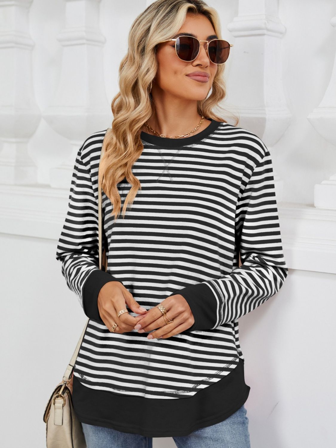 Striped Round Neck Long Sleeve Sweatshirt