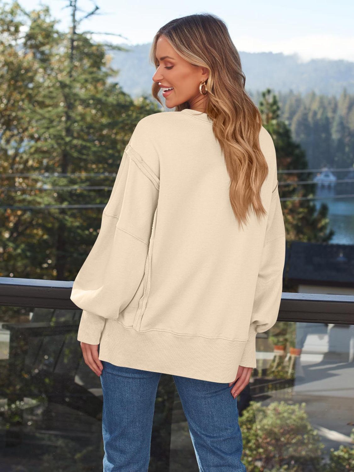 Slit Round Neck Long Sleeve Sweatshirt - Immenzive