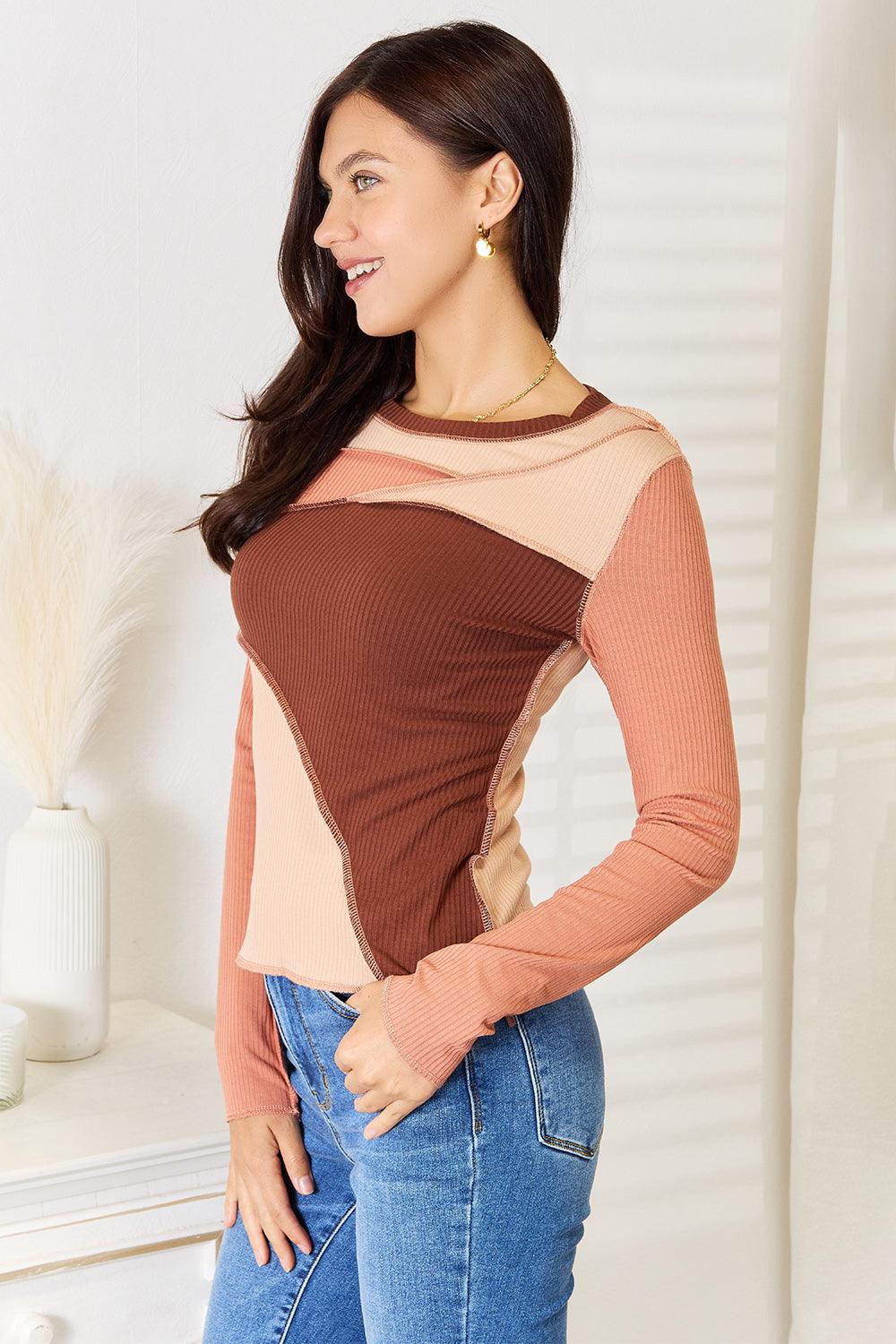 Double Take Color Block Exposed Seam Long Sleeve Top - Immenzive