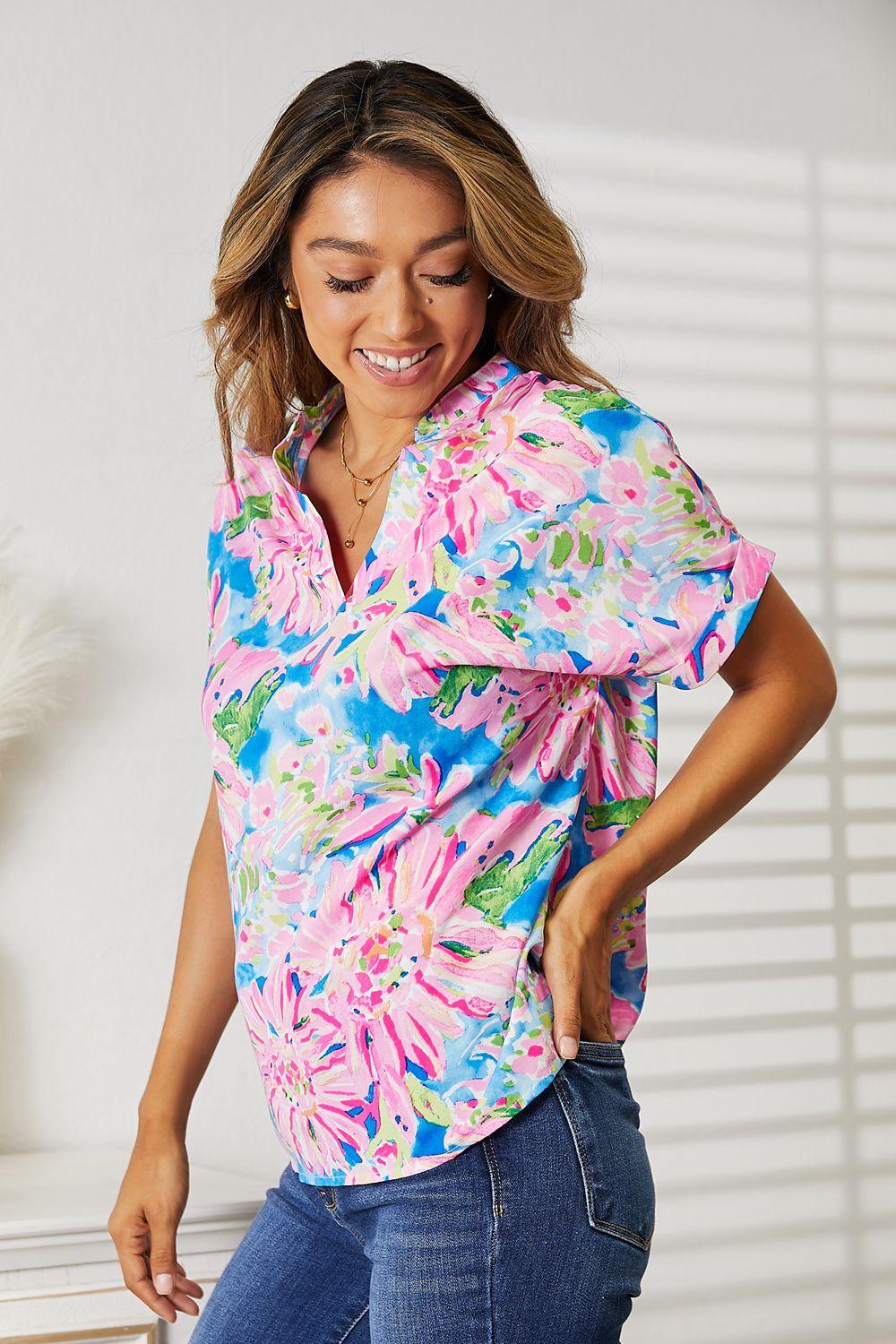 Double Take Floral Notched Neck Short Sleeve Top - Immenzive