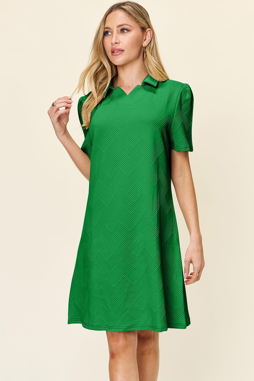 Double Take Full Size Texture Collared Neck Short Sleeve Dress - Immenzive