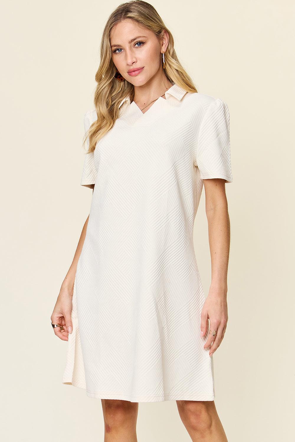 Double Take Full Size Texture Collared Neck Short Sleeve Dress - Immenzive