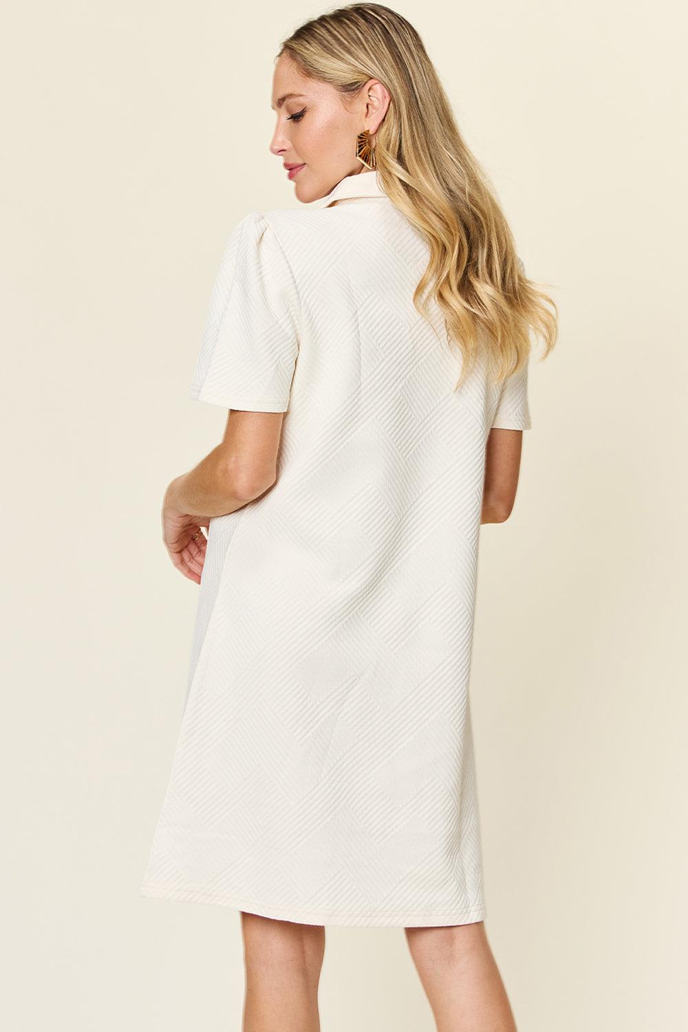 Double Take Full Size Texture Collared Neck Short Sleeve Dress - Immenzive