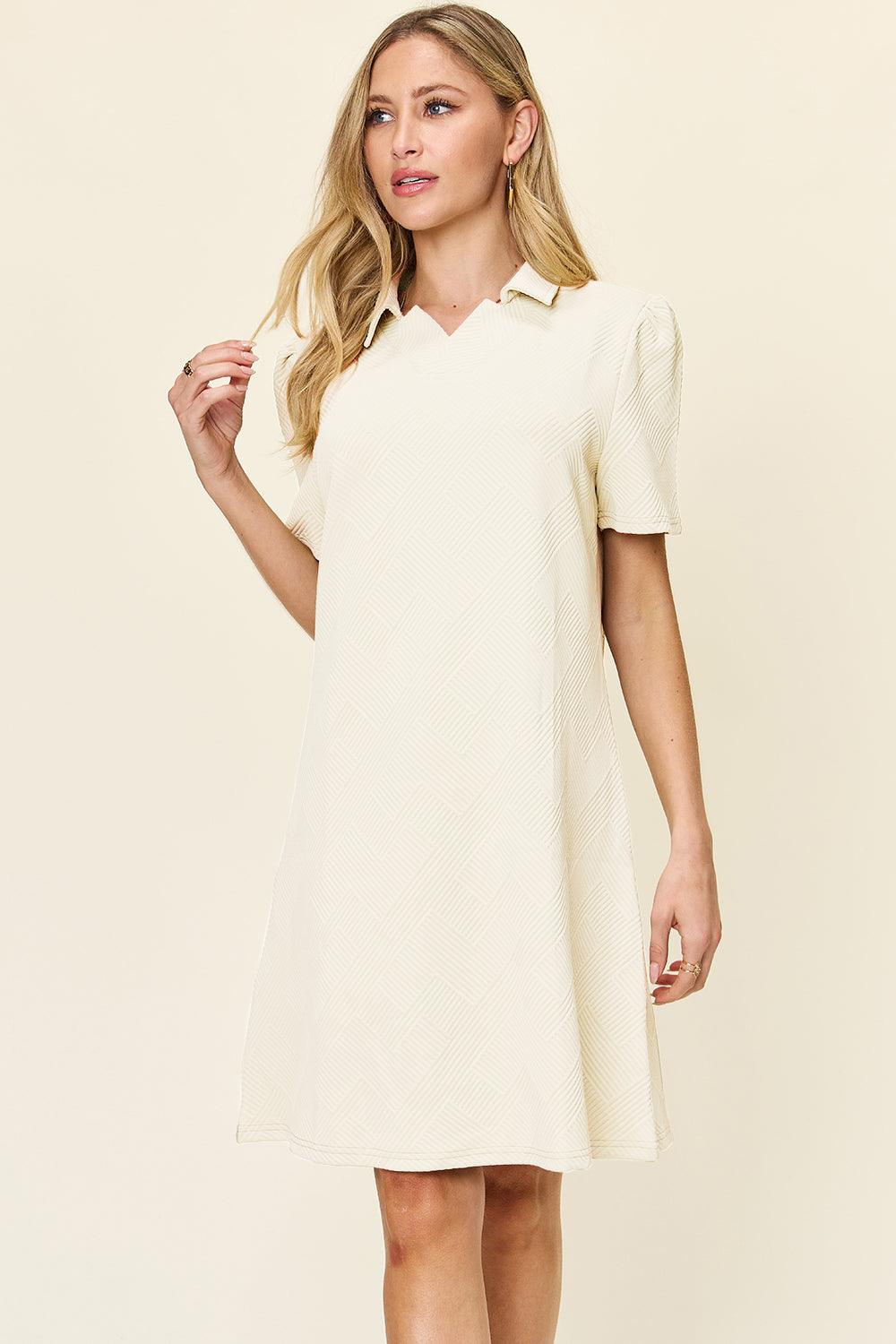 Double Take Full Size Texture Collared Neck Short Sleeve Dress - Immenzive