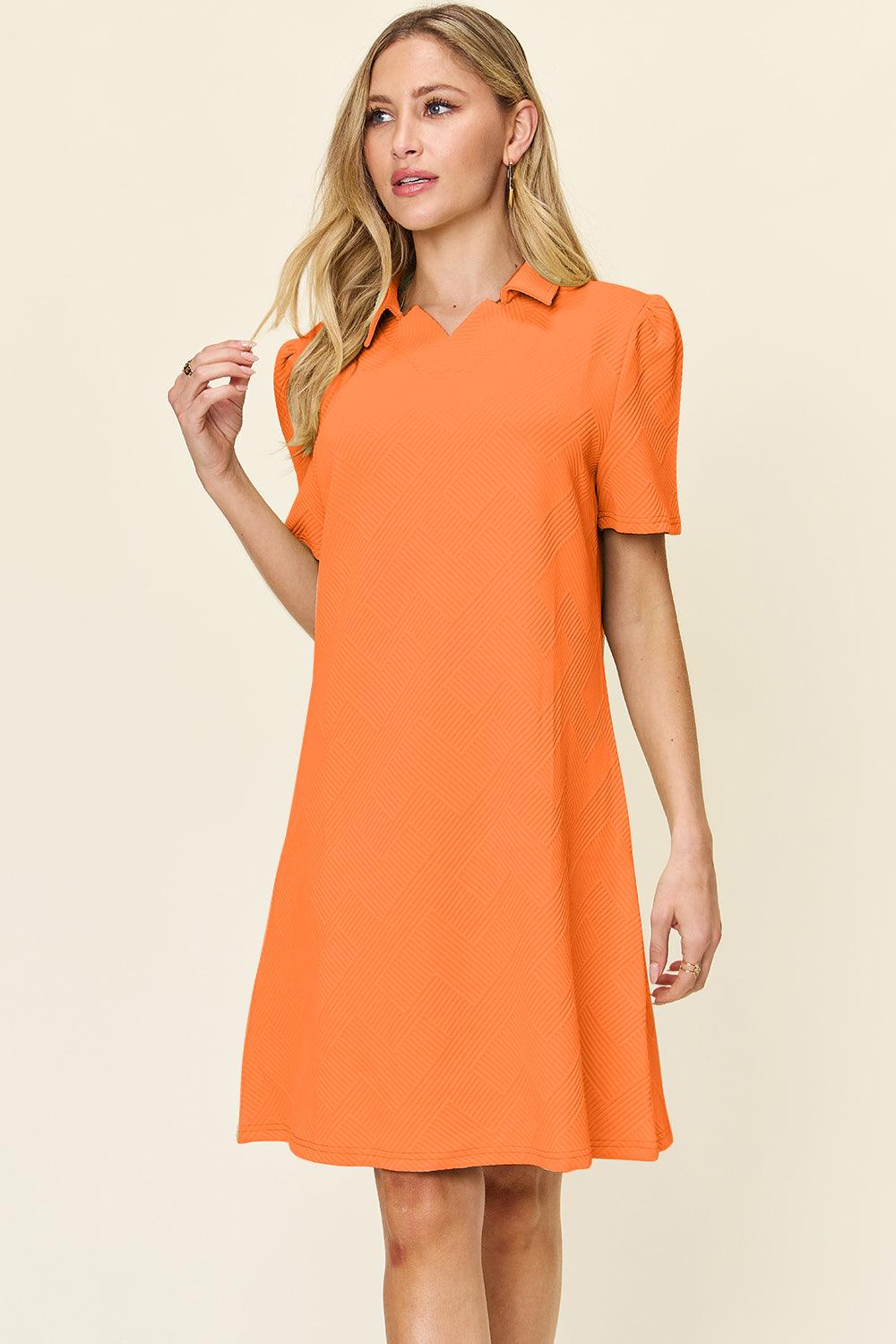 Double Take Full Size Texture Collared Neck Short Sleeve Dress - Immenzive