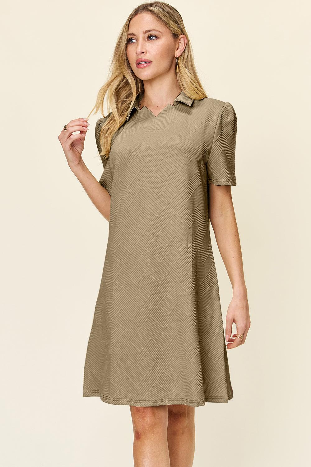 Double Take Full Size Texture Collared Neck Short Sleeve Dress - Immenzive