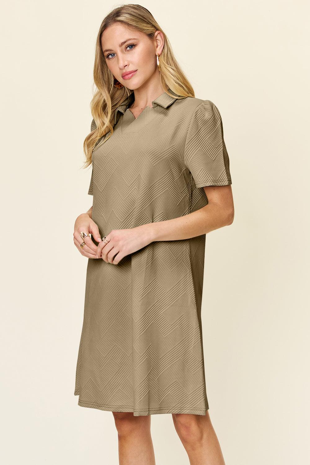 Double Take Full Size Texture Collared Neck Short Sleeve Dress - Immenzive