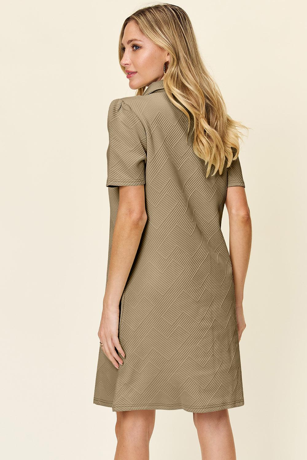 Double Take Full Size Texture Collared Neck Short Sleeve Dress - Immenzive