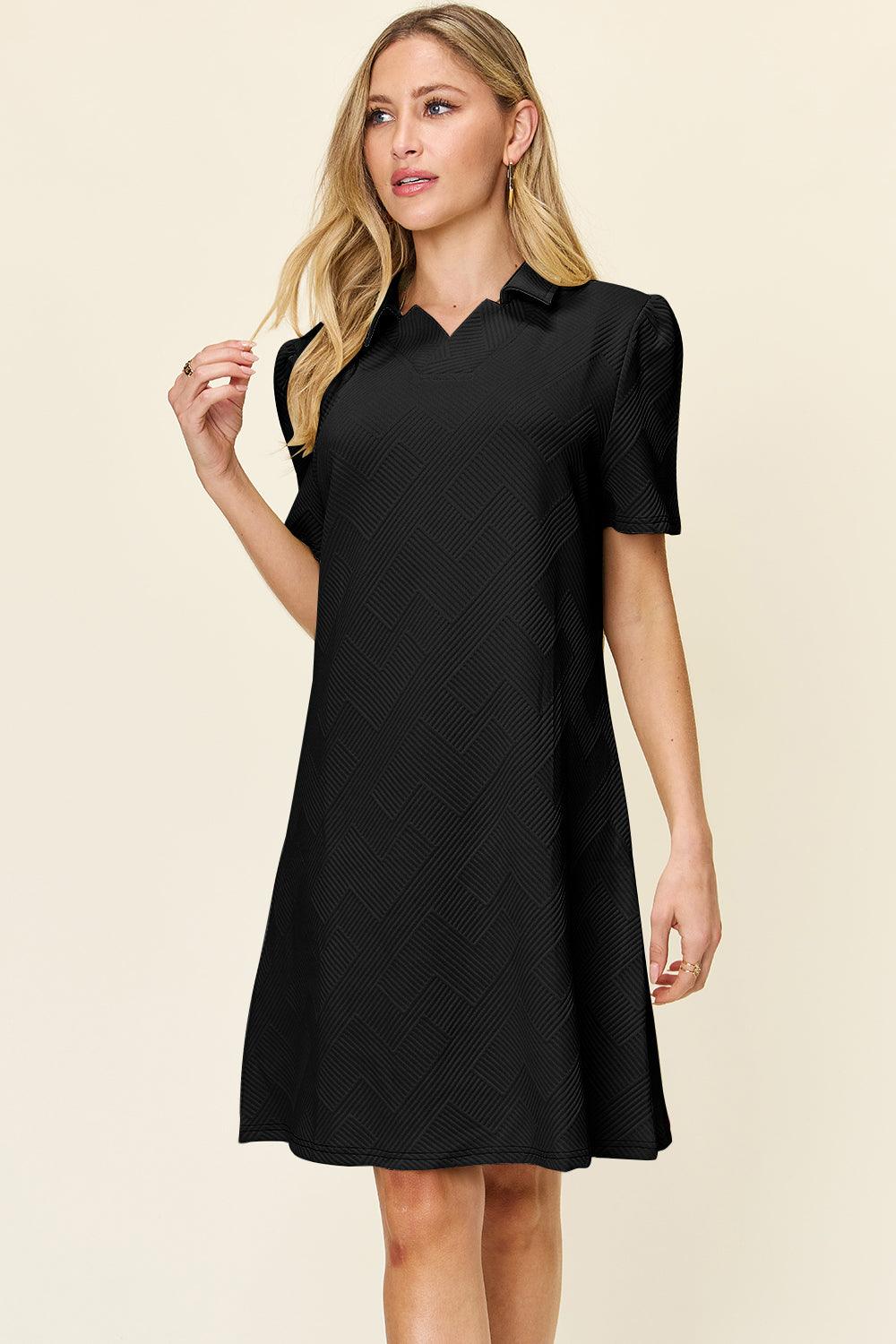 Double Take Full Size Texture Collared Neck Short Sleeve Dress - Immenzive