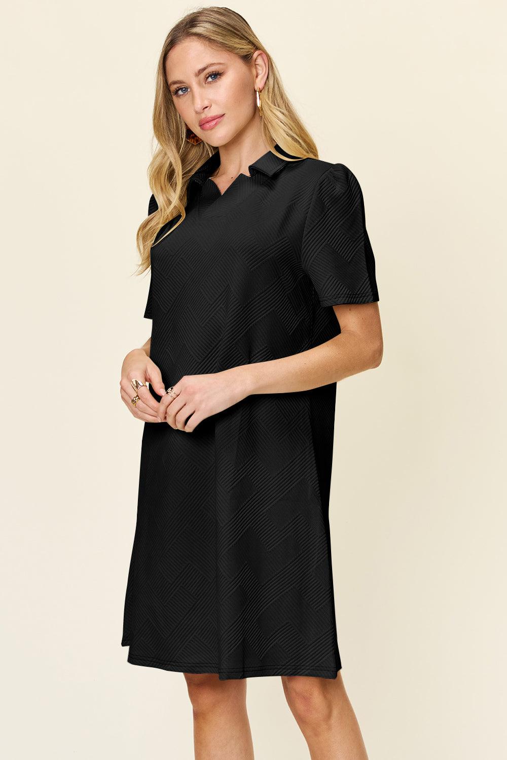 Double Take Full Size Texture Collared Neck Short Sleeve Dress - Immenzive