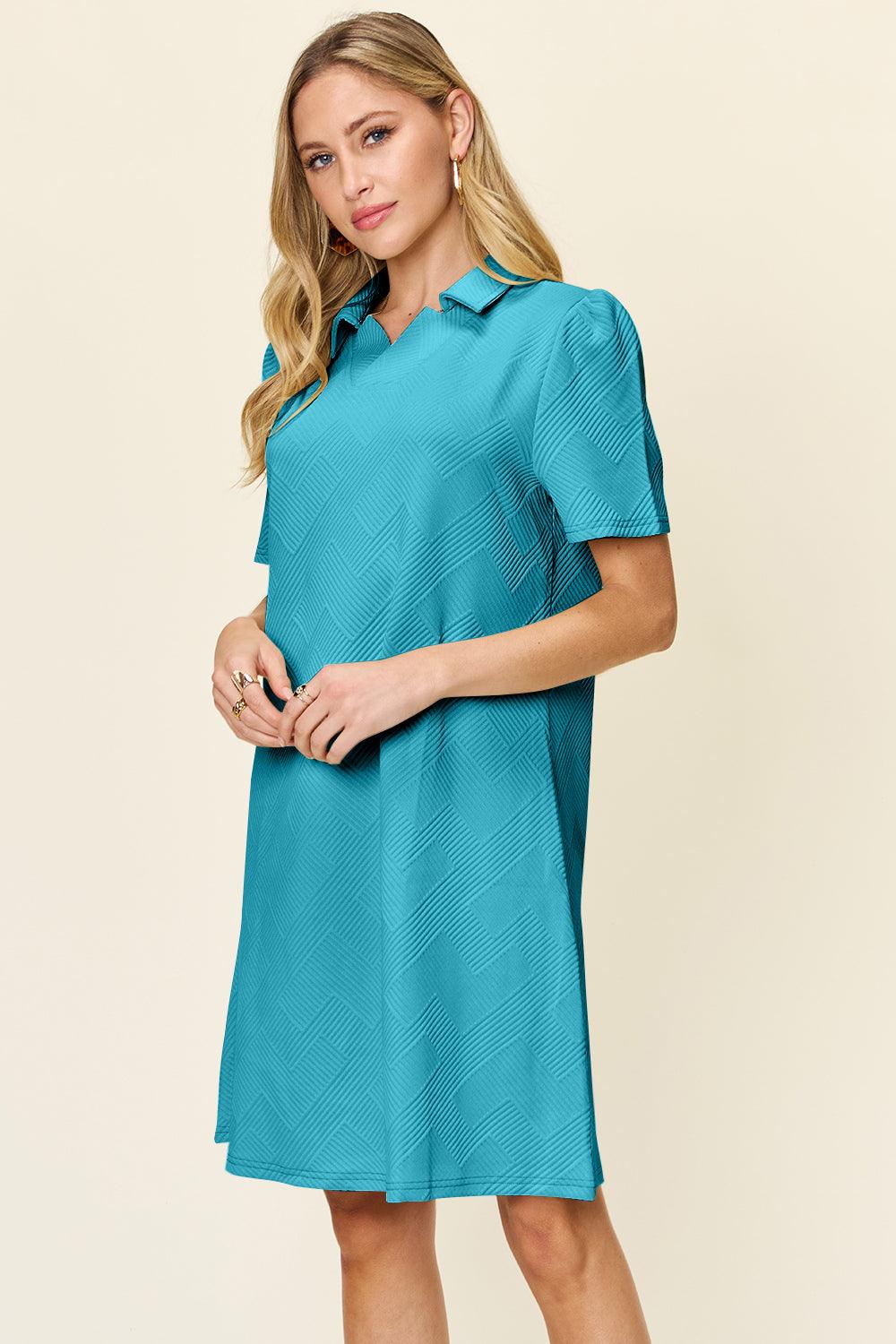 Double Take Full Size Texture Collared Neck Short Sleeve Dress - Immenzive