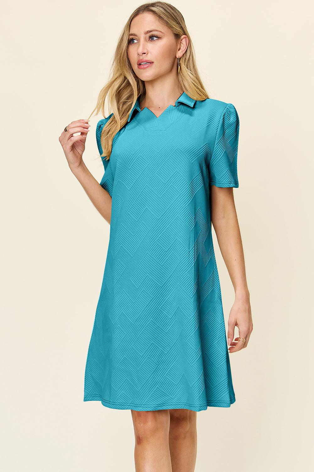 Double Take Full Size Texture Collared Neck Short Sleeve Dress - Immenzive