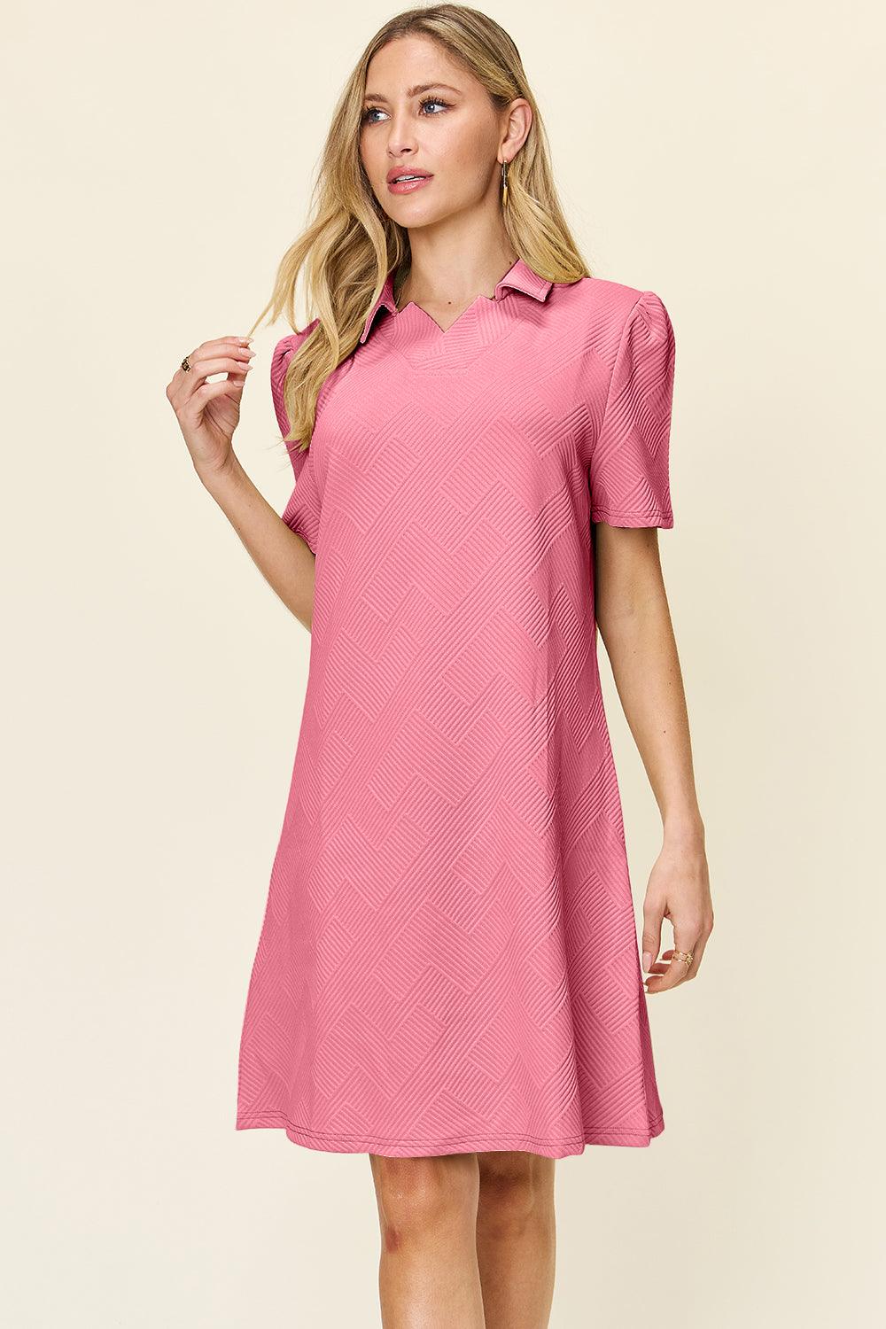 Double Take Full Size Texture Collared Neck Short Sleeve Dress - Immenzive