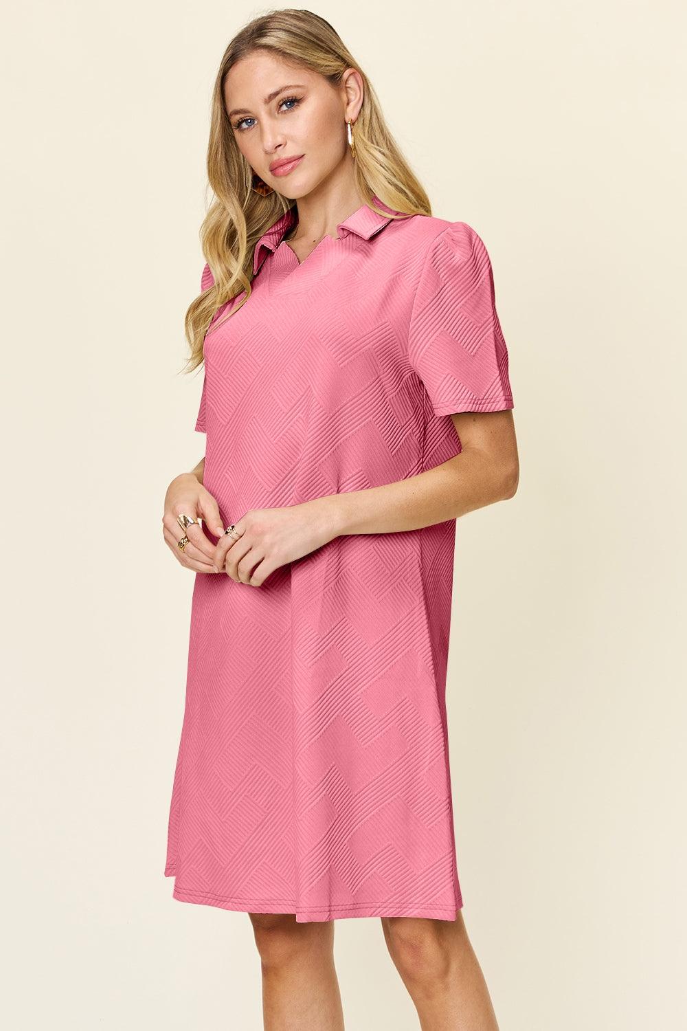 Double Take Full Size Texture Collared Neck Short Sleeve Dress - Immenzive