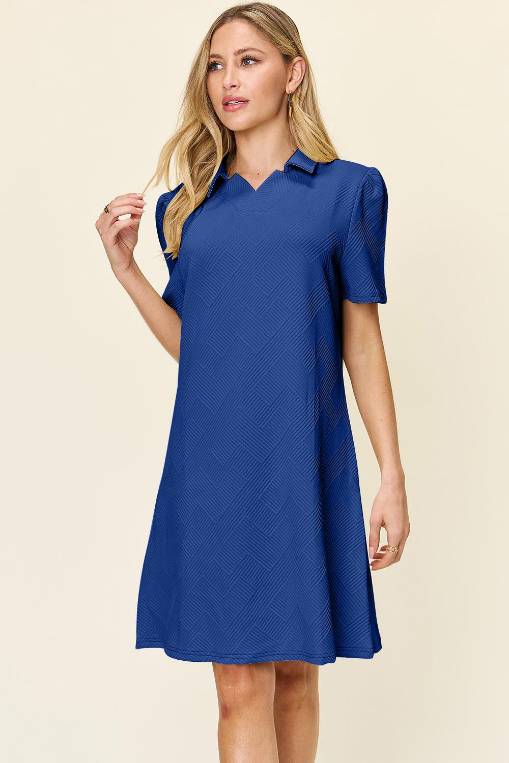 Double Take Full Size Texture Collared Neck Short Sleeve Dress - Immenzive