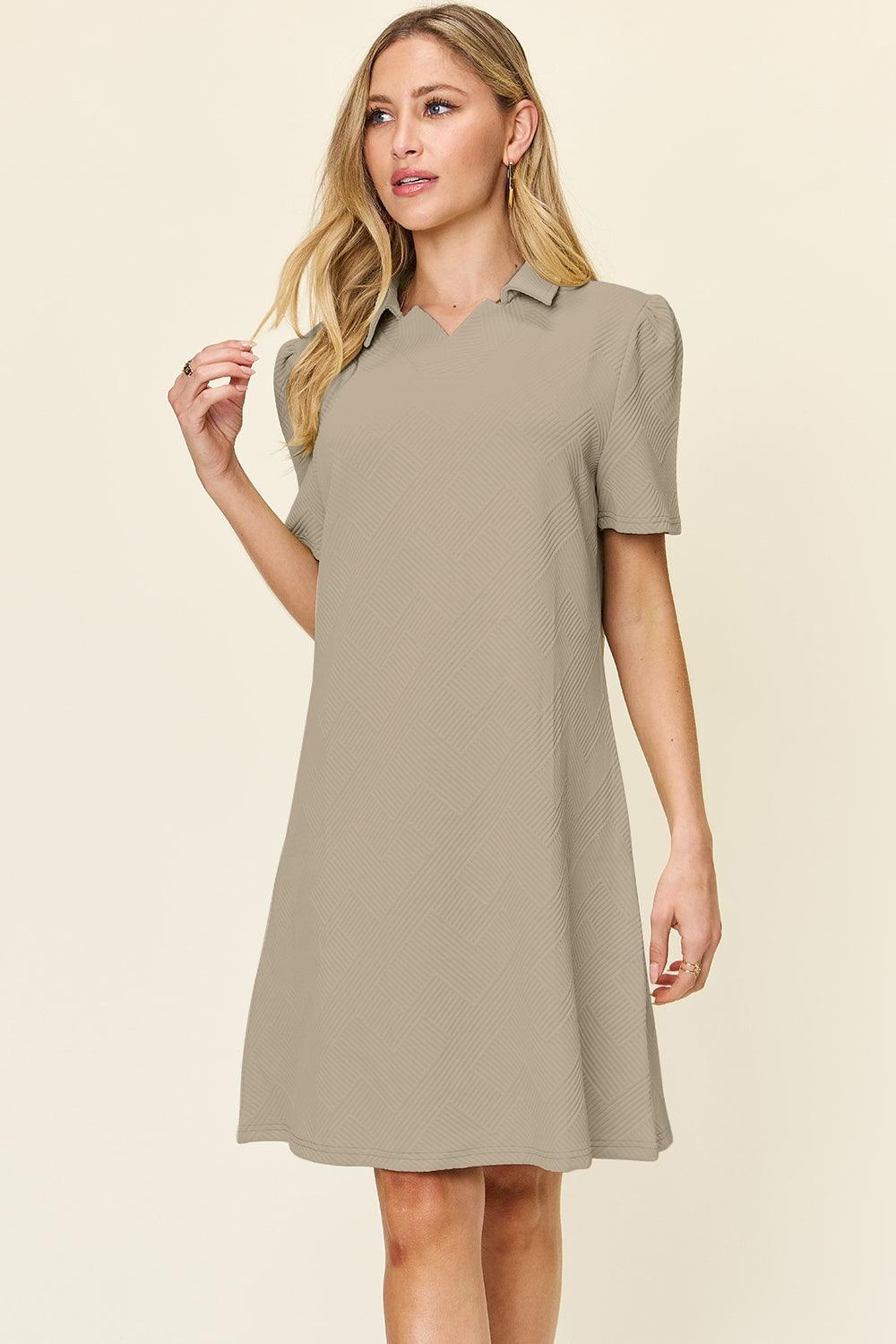 Double Take Full Size Texture Collared Neck Short Sleeve Dress - Immenzive