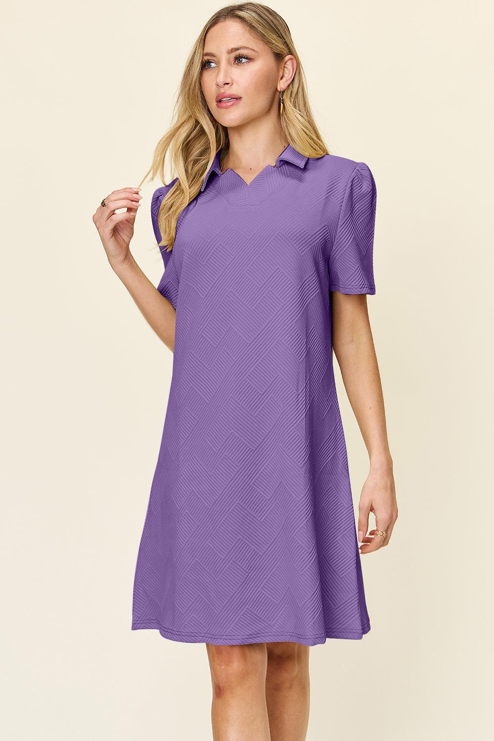 Double Take Full Size Texture Collared Neck Short Sleeve Dress - Immenzive