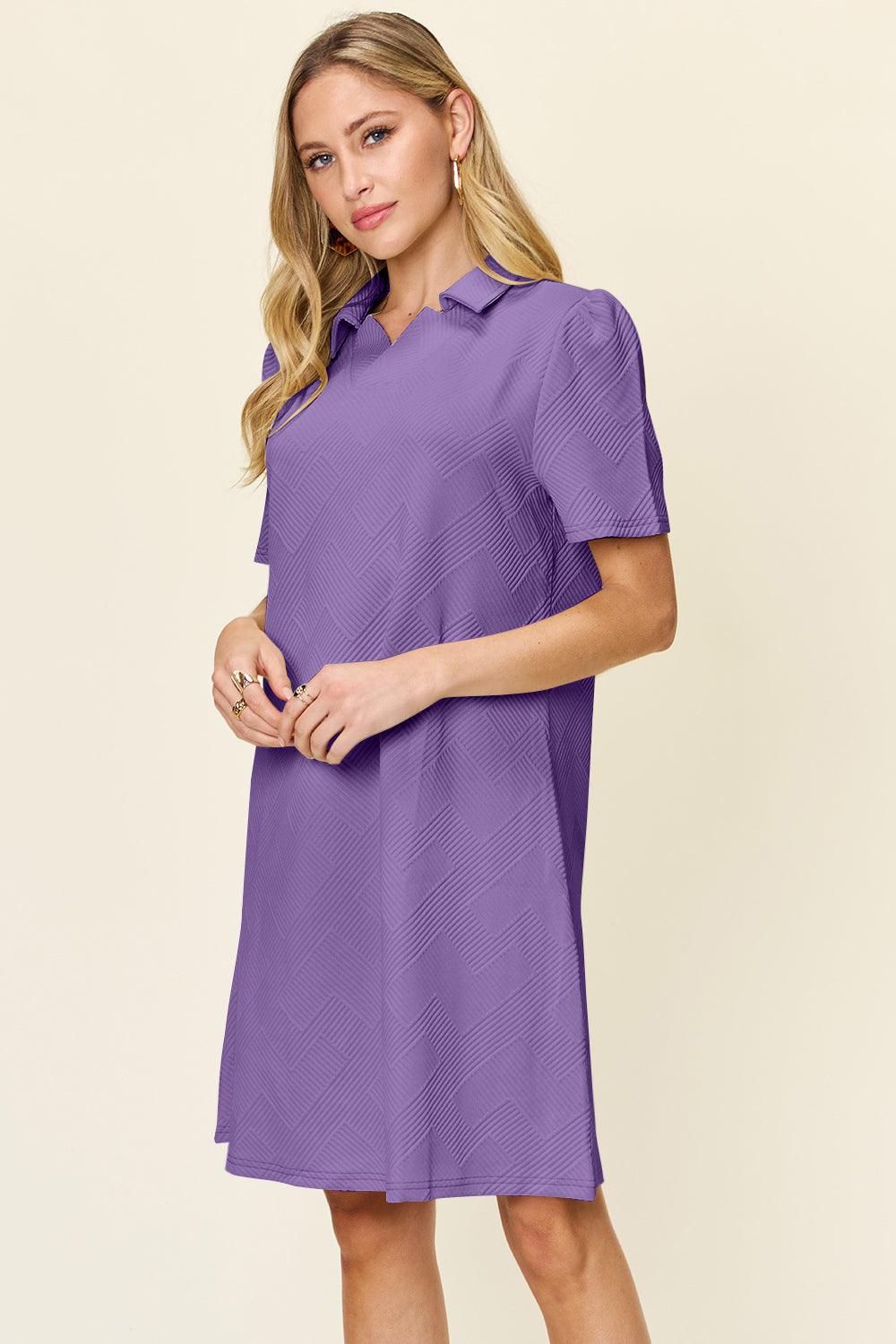 Double Take Full Size Texture Collared Neck Short Sleeve Dress - Immenzive