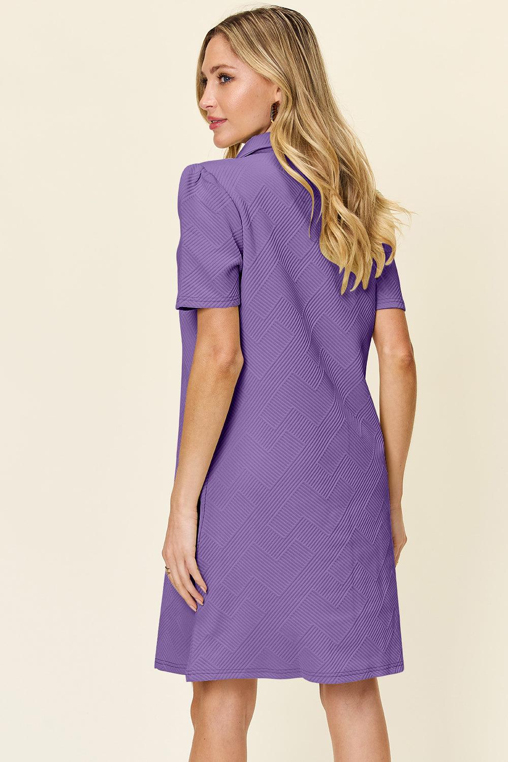 Double Take Full Size Texture Collared Neck Short Sleeve Dress - Immenzive