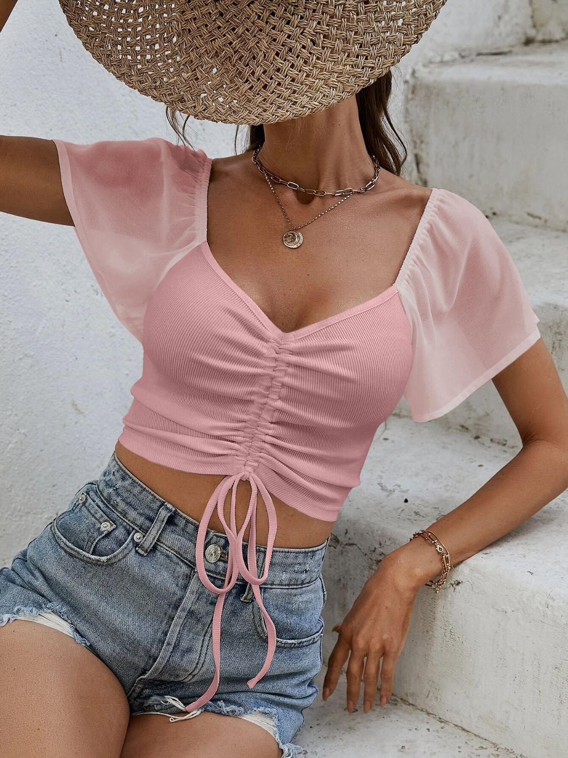 Drawstring Short Sleeve Crop Top - Immenzive