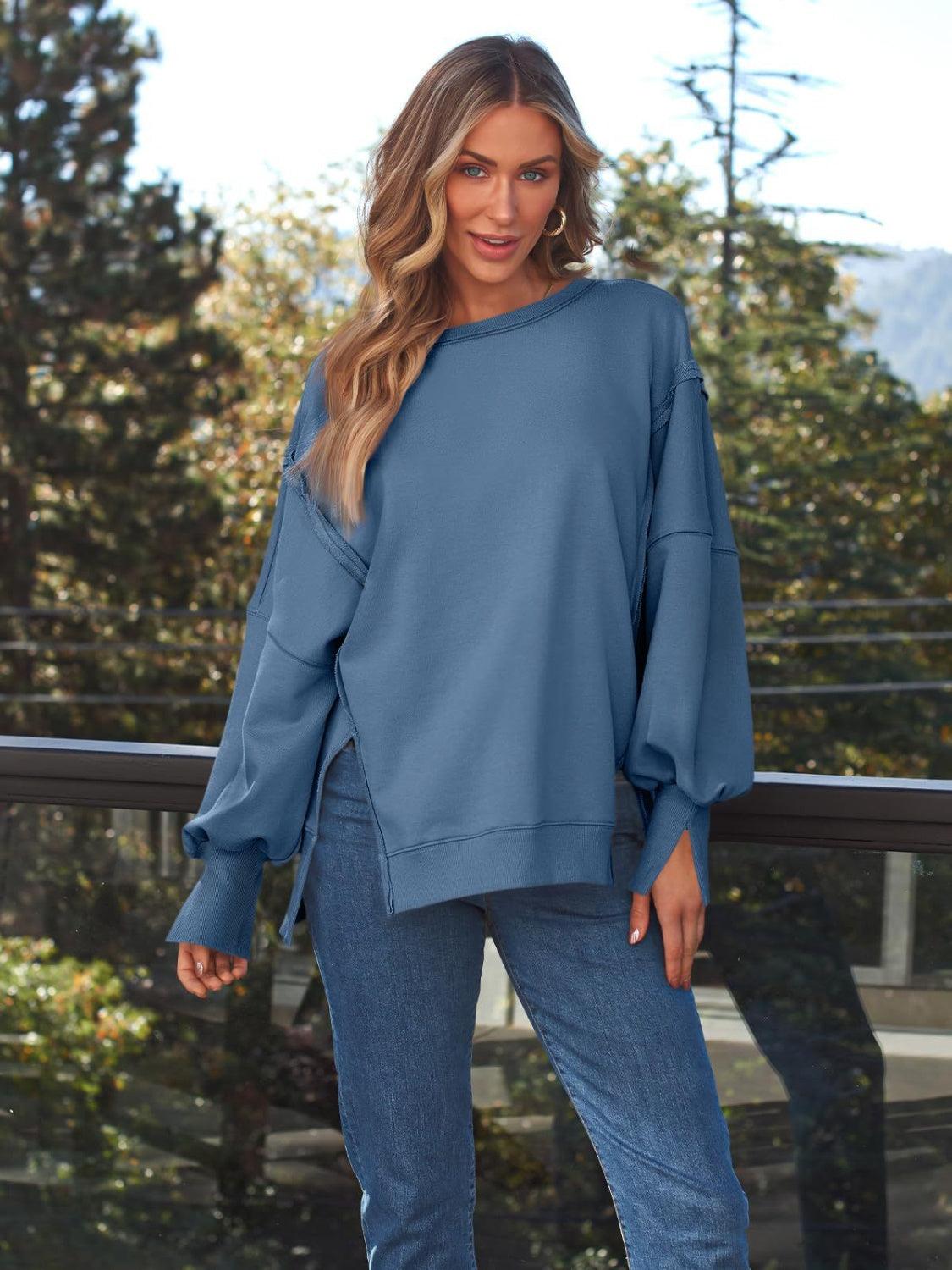 Slit Round Neck Long Sleeve Sweatshirt - Immenzive