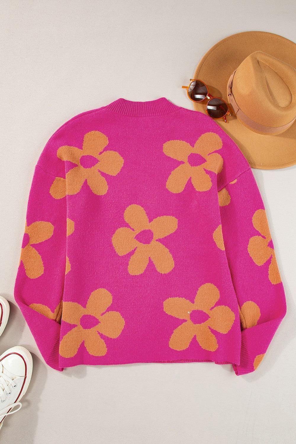 Flower Round Neck Long Sleeve Sweater - Immenzive