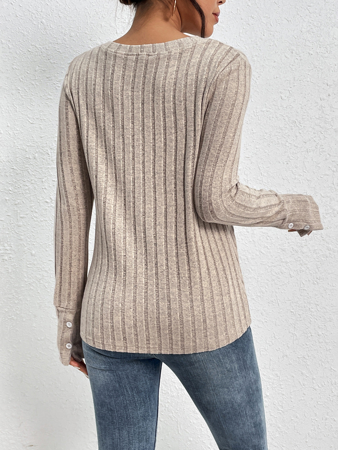 Perfee Lace Detail Ribbed V-Neck Long Sleeve Top