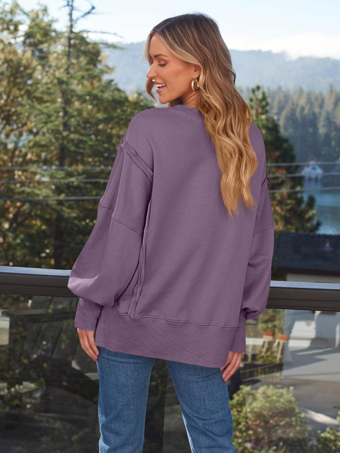 Slit Round Neck Long Sleeve Sweatshirt - Immenzive