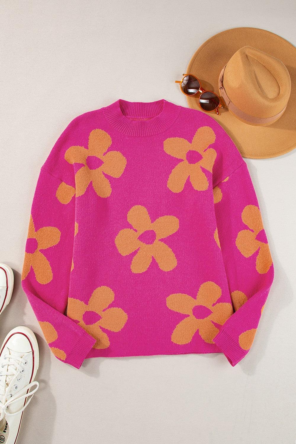 Flower Round Neck Long Sleeve Sweater - Immenzive