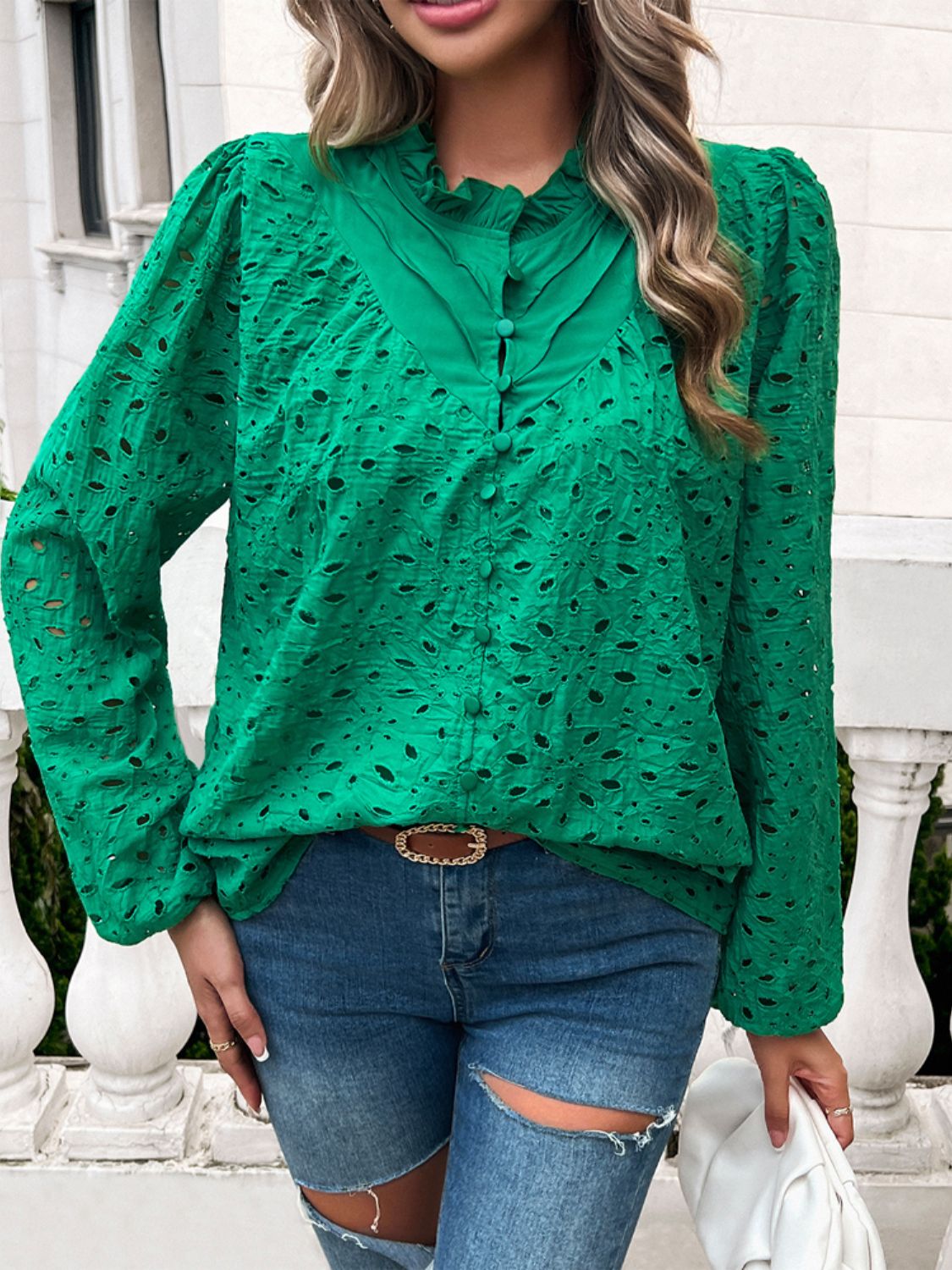 Frill Round Neck Long Sleeve Shirt